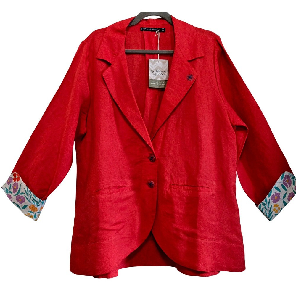 Gudrun Sjoden Red Linen Blazer Jacket Floral Cuff XL NWT Swedish Design